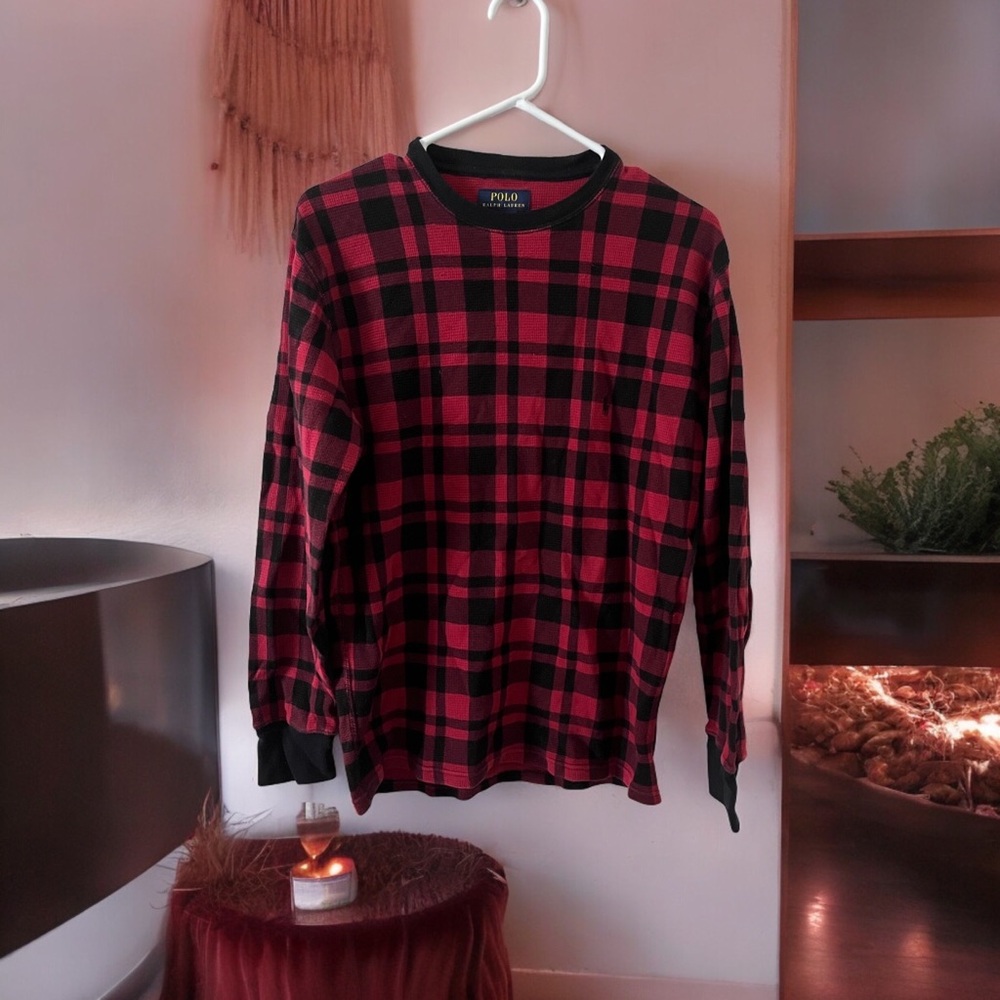 Polo Ralph Lauren Womens Medium Red & Black Checkered Pajama Shirt Long Sleeve